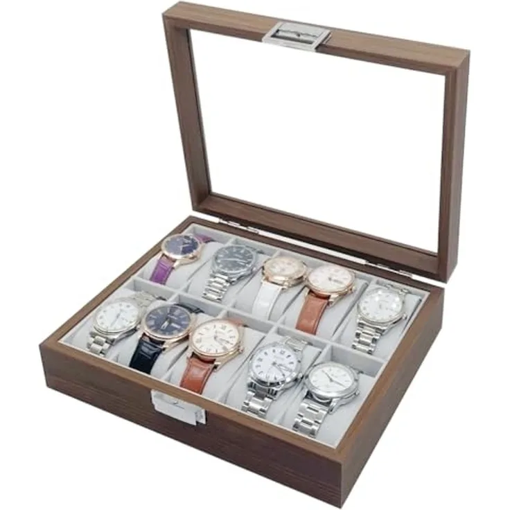 mixed24 Schmuckkasten Holz Uhrenkoffer für 10 Uhren, Glasdeckel Uhrendisplay Uhrenbox Uhrenpräsentation Armbanduhren