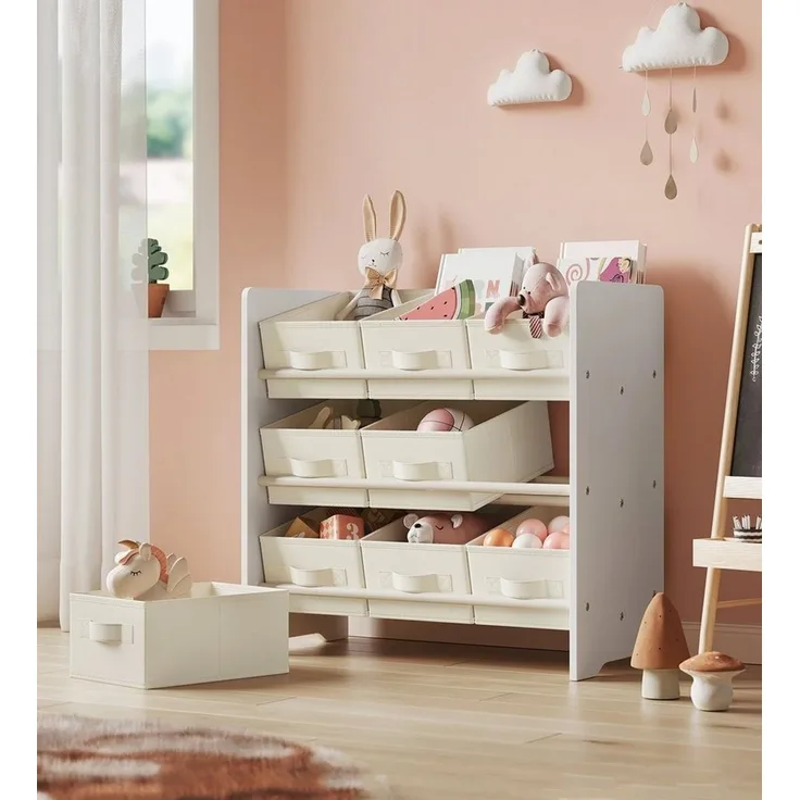 Songmics Kinderregal, Spielzeugregal, Bücherregal Kinder, mit 9 Aufbewahrungsboxen aus Vliesstoff, Kinderzimmer Regal, geräumig, 29,5 x 62,5 x 60 cm, wolkenweiß GKR033W10