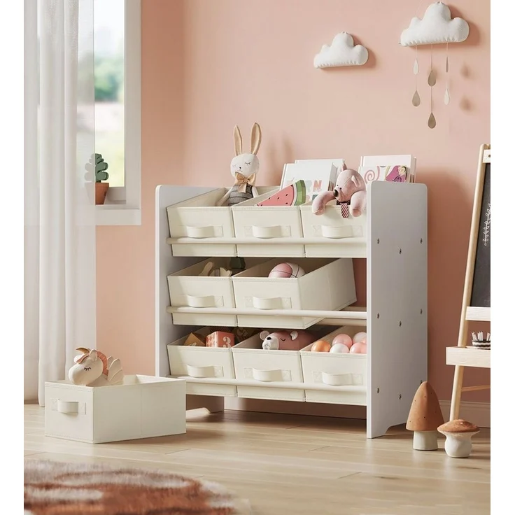Songmics Kinderregal, Spielzeugregal, Bücherregal Kinder, mit 9 Aufbewahrungsboxen aus Vliesstoff, Kinderzimmer Regal, geräumig, 29,5 x 62,5 x 60 cm, wolkenweiß GKR033W10 – Bild 1