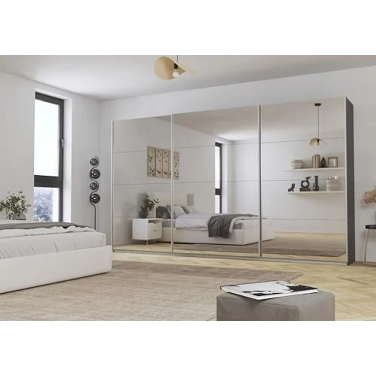 Rauch Möbel Kulmbach, Kleiderschrank mit Schwebetüren für Schlafzimmer, Kinderzimmer, Jugendzimmer, Garderobe, Flur, 3-türig, mit Spiegel, Zubehör Classic, Farbe Grau metallic, Schwarz, Breite 360 cm – Bild 2