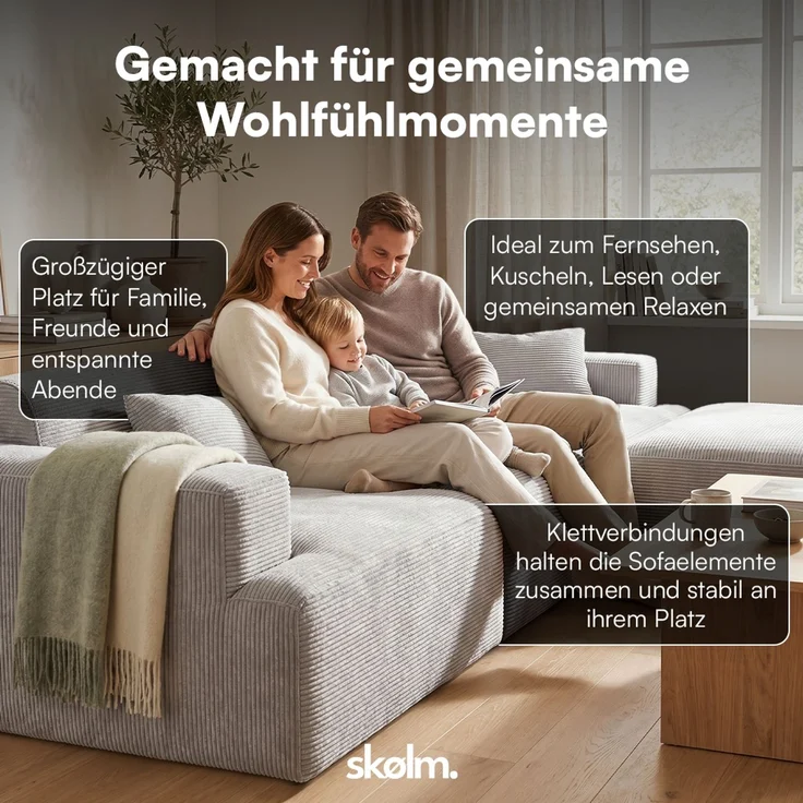 skølm 'Freki' Cloud Sofa 4 Sitzer mit Hocker, Vollschaumcouch mit Federkern und Vakuum-Kompression, kein Aufbau erforderlich, mit 3 Kissen, Cord grau – Bild 6