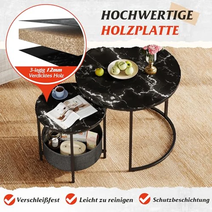 WLIVE Couchtisch 2er Set, Beistelltisch Rund mit Stauraum, Wohnzimmertisch Holz mit Metallrahmen, Sofatisch für Wohnzimmer Schlafzimmer, (Marmor Schwarz, 60 cm und 40 cm Durchmesser) – Bild 7