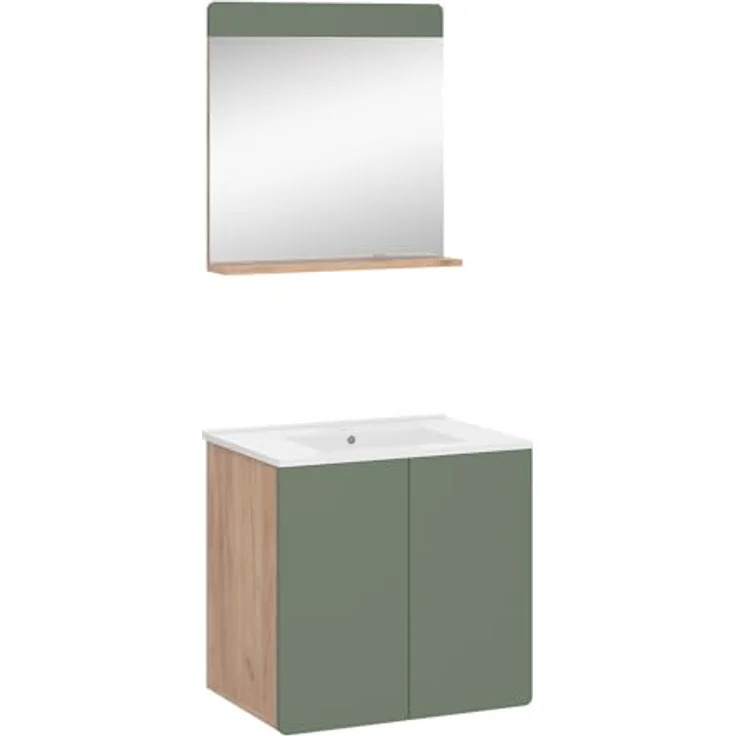 Vichy Badmöbel-Set Izan, 3 Teile in Goldkraft Eiche/Grün mit Spiegelschrank und Beleuchtung – Bild 1