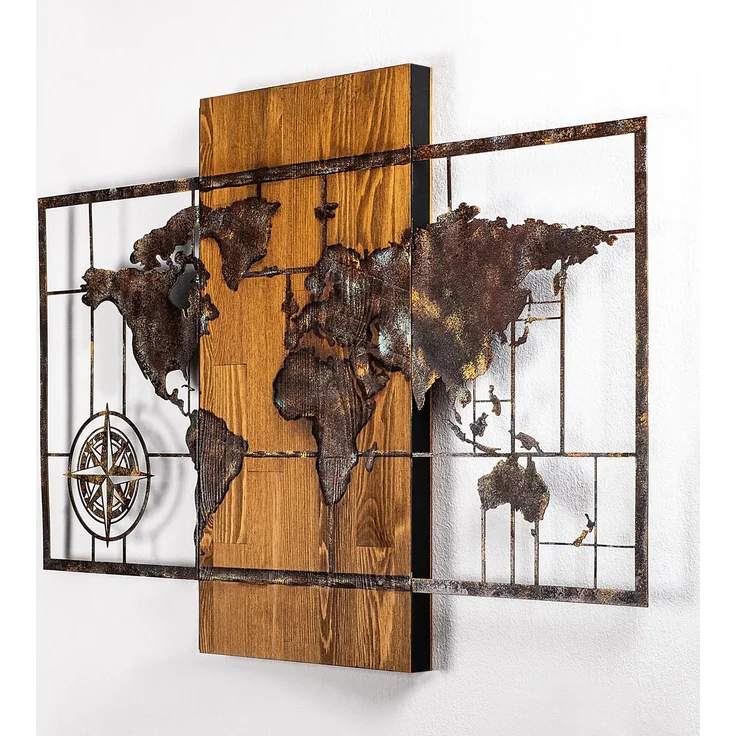 Wallity 'World Map With Compass 5' Dekoratives Wandaccessoire aus Holz, Walnuss / Braun, 85 x 58 cm – Bild 6