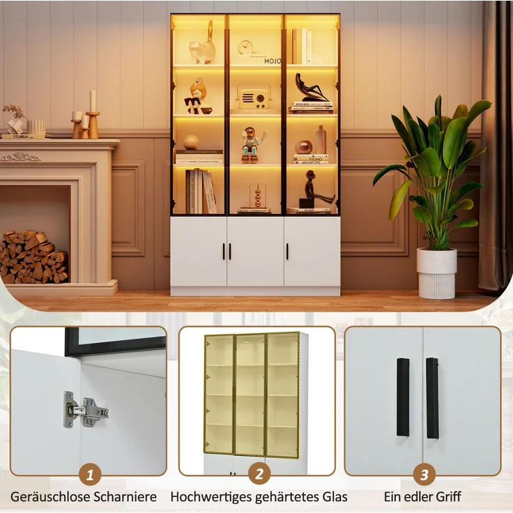 DESVIAE Vitrine mit 6 Glastüren und LED-Beleuchtung 120x200x32 cm MDF Weiß – Bild 5