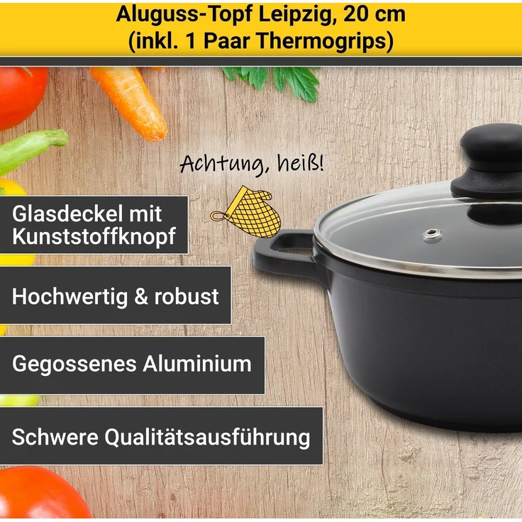 Krüger Fleischtopf Aluguss Fleischtopf mit Glasdeckel inkl. Thermogrips LEIPZIG, Aluminiumguss (1-tlg), hochwertige Antihaft-Versiegelung – Bild 3