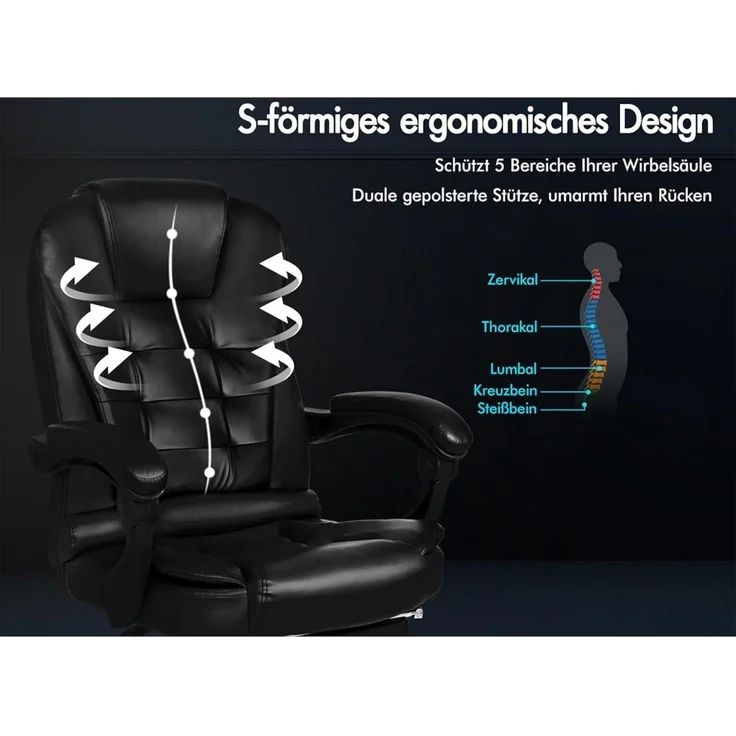 Ergonomischer Bürostuhl Leder Schwarz Massage Lordosenstütze – Bild 3