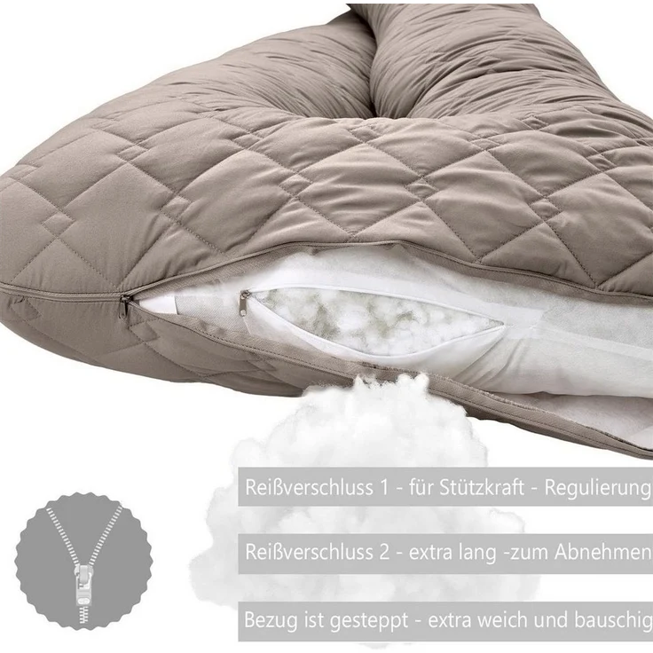 SEI Design Seitenschläferkissen Bodypillow - Körperkissen taupe, Seitenschläferkissen mit Bezug, 1-tlg, Schwangerschaftskissen gesteppt, 2x Reißverschluss – Bild 3