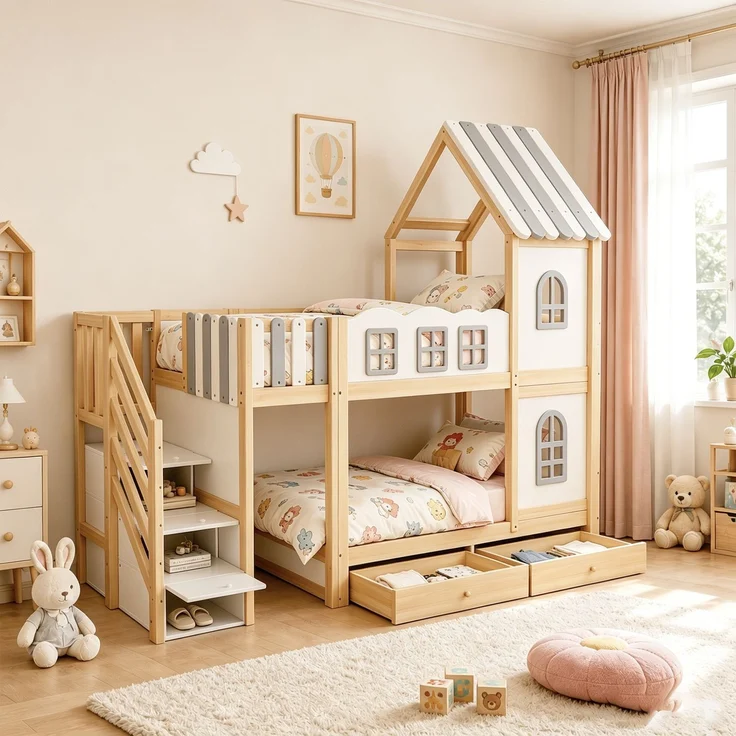 Merax Etagenbett 90 x 200 cm, Kinderbett, Jugendbett, Mit Bettgitter in Wolkenform, Dachkonstruktion Mit Fenstern, Stauraumleiter, Regalen und Schubladen, Kinderbett aus Holz, Weiß – Bild 2