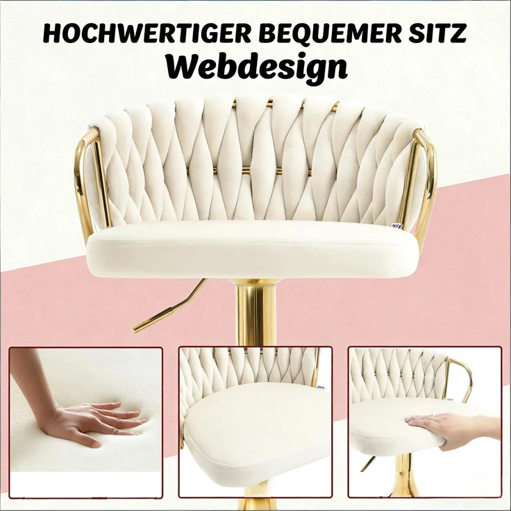 Barhocker 49,5 x 50,5 x 77-98 cm in Cremeweiß, Samt, höhenverstellbar und drehbar, 1 Stuhl – Bild 2