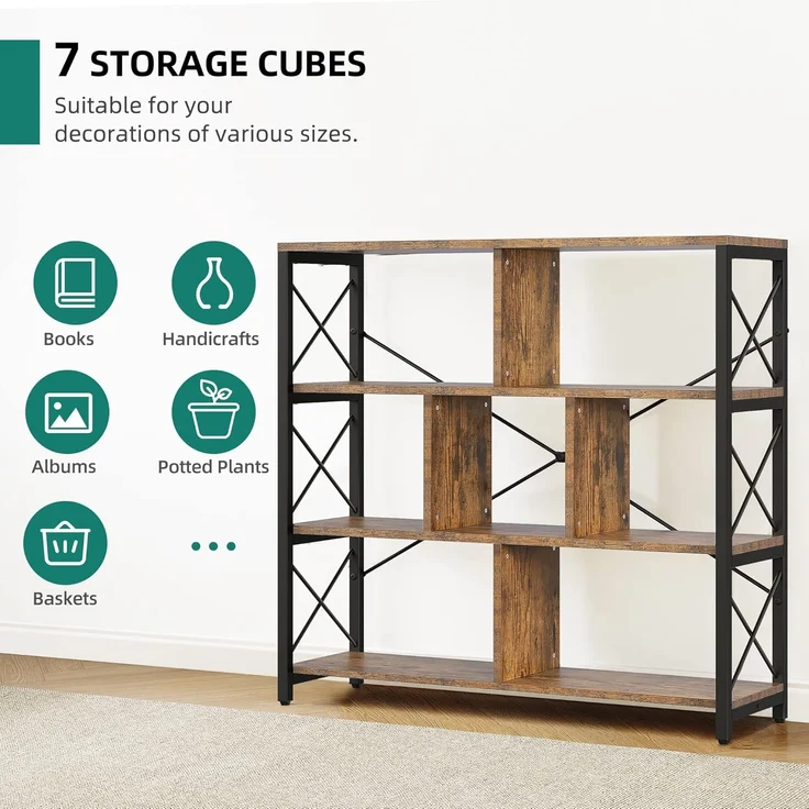 YITAHOME Bücherregal mit 4 Ebenen, Standregal 120cm Hoch Freistehendes Eck-Bücherregal, Offene Display-Aufbewahrung, Regale für Wohnzimmer Schlafzimmer Büro, Vintagebraun-schwarz – Bild 6