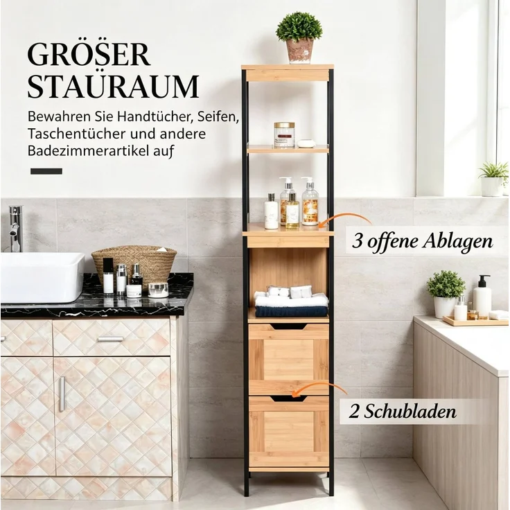 Badregal 30 x 30 x 144,3 cm aus Bambus und MDF mit 3 Ablagen und 2 Schubladen – Bild 5