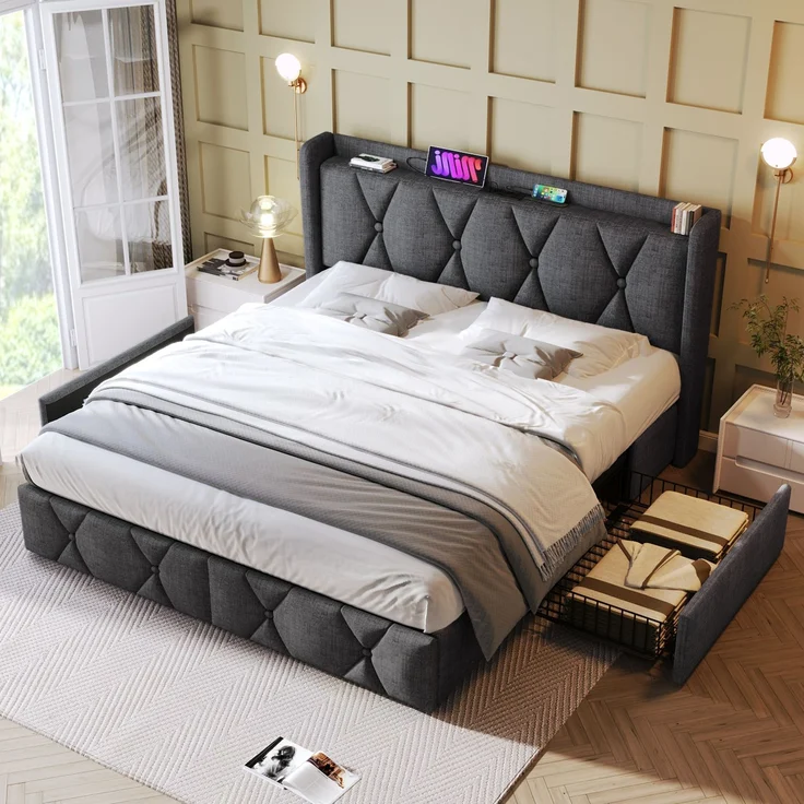 Polsterbett 140×200 cm aus Leinen-Stoff mit USB-Anschluss, vier Schubladen und Matratze, grau – Bild 2