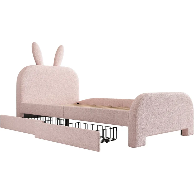 Kinderbett 90x200 Rosa mit Kaninchen-Kopfteil und 2 Schubladen,Gepolstertes Bett aus Lammwolle und MDF, Cartoon Bunny Design – Bild 9
