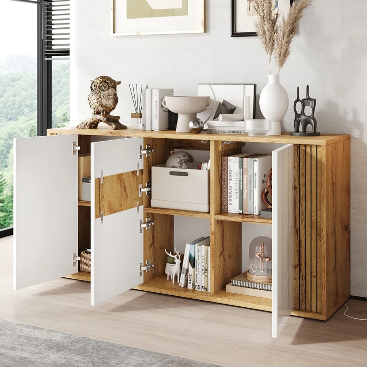 ZUBALIYA Sideboard 140x35x71 cm, mit 3 Türen, aus MDF / Spanplatte, Weiß / Natur – Bild 3