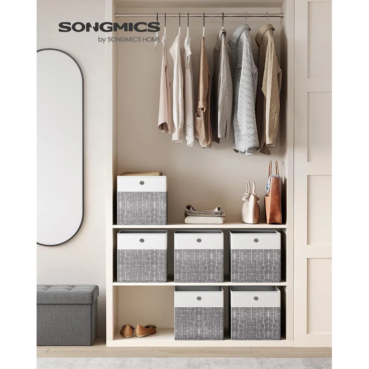 SONGMICS Aufbewahrungskörbe, 6er Set, faltbare Stoffboxen mit PP-Platten, für Regal, 30 x 30 x 30 cm, weiß-grau – Bild 2