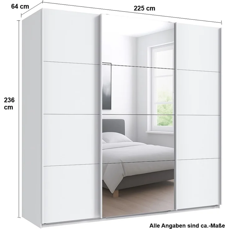 Schwebetürenschrank Kleiderschrank B225 cm extra H236 cm 3-türig Weiß, 1x Spiegeltür – Bild 5