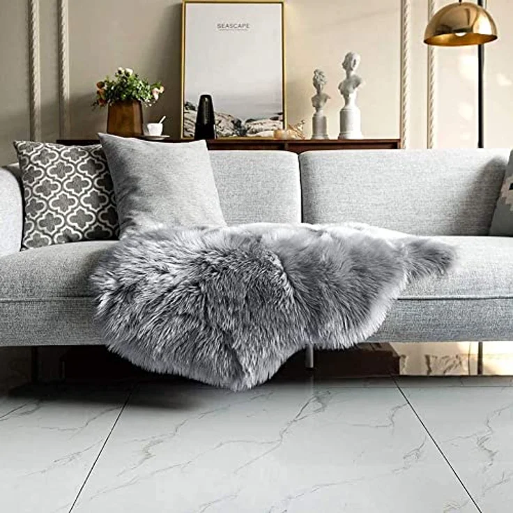 HEQUN Lammfell-Teppich Kunstfell Schaffell Imitat Wohnzimmer Teppiche Flauschig Gemütliches Schaffell Bettvorleger Sofa Matte (Grau, 75x120 cm) – Bild 4