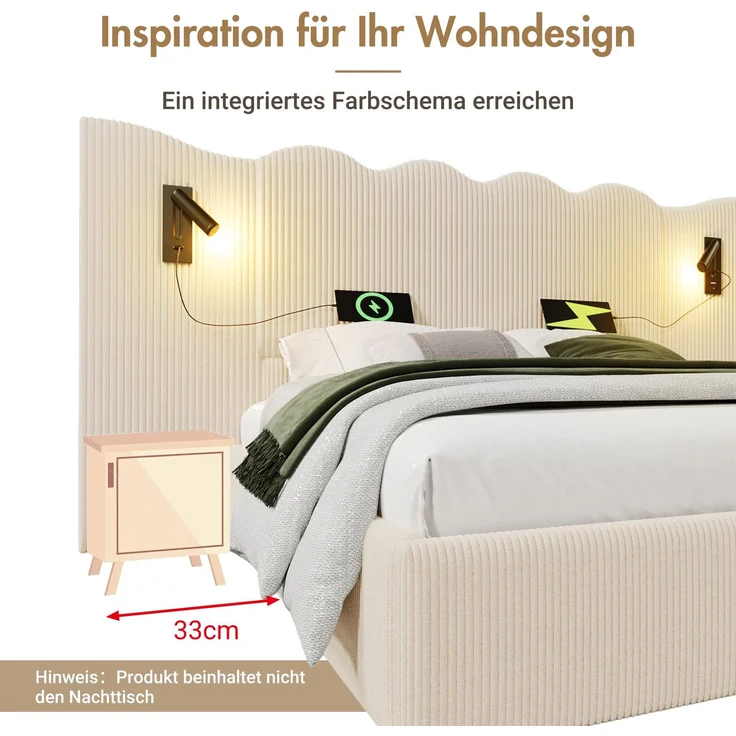 Holzbett 180x200 cm, mit hydraulischem Bettkasten, mit Lattenrost und ohne Matratze, mit Cordbezug, Beige – Bild 7