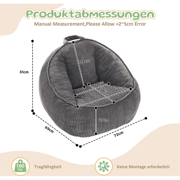 Sitzsack Klein 69cm×72cm×51cm in Grau aus Cord mit ergonomischer Form – Bild 3
