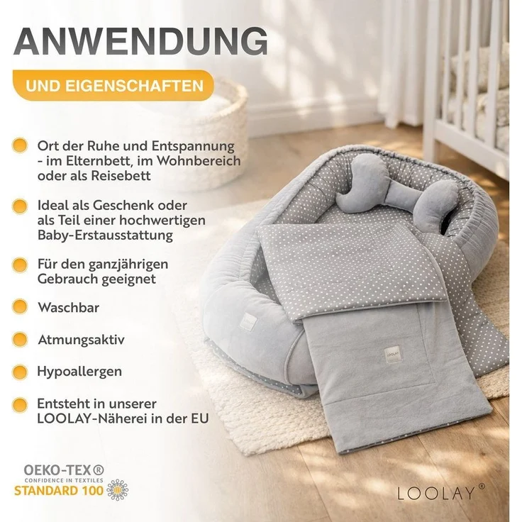 Loolay Kuschelnest BABYNEST SOLO Premium Babyausstattung - Baumwolle & Samt Velours, (MUSTER: BEIGE Samt Velour/ Igel Braun, 1-tlg, Liebevoll handgefertigt Nestchen! Geborgenheit Komfort für Neugeborene), Premium Ausstattung - 100% Europäische Stoffe u... – Bild 3