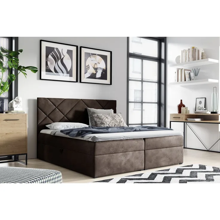 MEBLINI Boxspringbett BOTTEGA 180x200 cm mit Bettkasten – H4/Braun Samt Polsterbett - Gepolstert Doppelbett mit Matratze und Topper - Polsterbett mit Stauraum - Bett mit Kopfteil – Stauraumbett