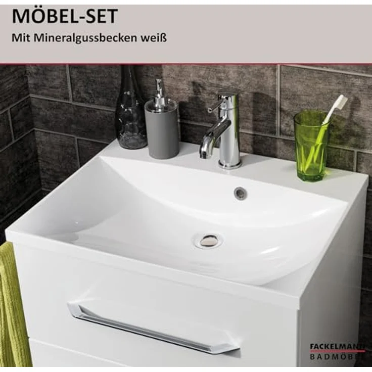 FACKELMANN B.CLEVER Waschbecken mit Unterschrank 60 cm breit, Weiß, Waschbecken Gussmarmor Weiß – Bild 7