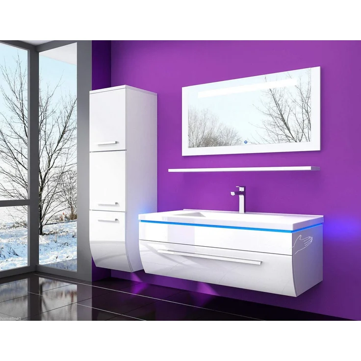 Homeline Badmöbel Set Weiss 210 cm Hochglanz Waschbecken Spiegel Komplett Bad Led System – Bild 3