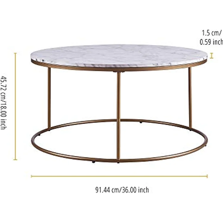 Teamson Home Marmo Modern Marble-Look Couchtisch, rund, messinggebürstete Basis, faux-marmorierte Tischplatte, 91.4x45.7x45.7 cm – Bild 3