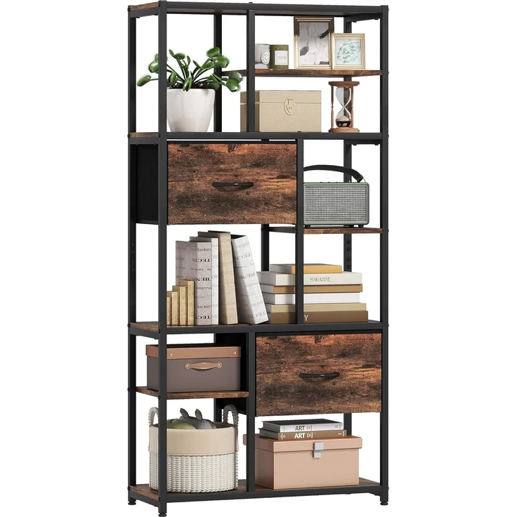 HOMCOM Standregal Bücherregal mit 2 Stoffschubladen, 9 offenen Fächern, Aufbewahrungsregal 1-tlg, für Büro, Wohnzimmer, Schlafzimmer, 72,5x30x150 cm, Rustikal-Braun – Bild 1