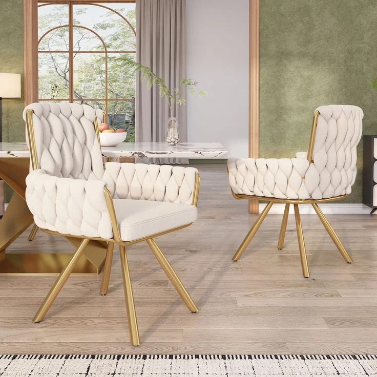 Merax Samt-Esszimmerstuhl, 2er set, Sessel, einzelner luxuriöser Wohn- und Schlafzimmer-Drehstuhl, Freizeit-Drehstuhl mit vier Stützbeinen aus Metall, beige – Bild 2