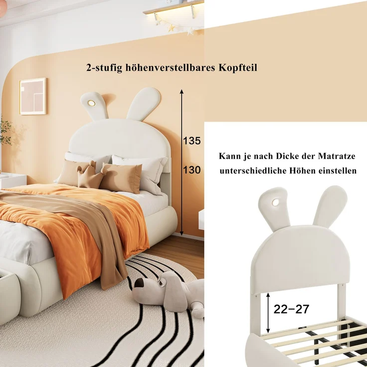 Polsterbett 90×200 mit Hasenohren & dimmbarem LED-Licht, Samtbezug Beige, inkl. Aufbewahrungshockern Einzelbett – Bild 8