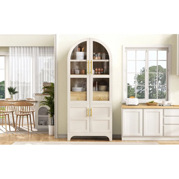 EINHOM Highboard mit verstellbaren Regalböden und Schublade, Küchenschrank mit Riffelglas und großem Stauraum, Ideal für Esszimmer, Wohnzimmer und Küche (Weiß) – Bild 5