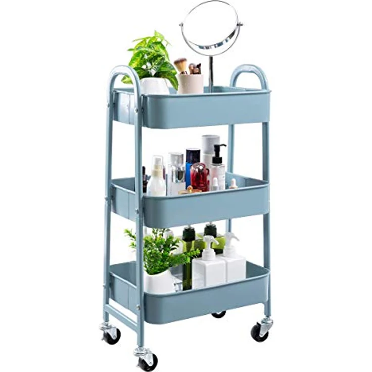 DOEWORKS Rollwagen Küchenwagen Servierwagen Aufbewahrungswagen 3-Etagen Metall Utility Cart mit Rädern für Wohnzimmer Schlafzimmer Make-up Badezimmer Büro, Grau Blau – Bild 5