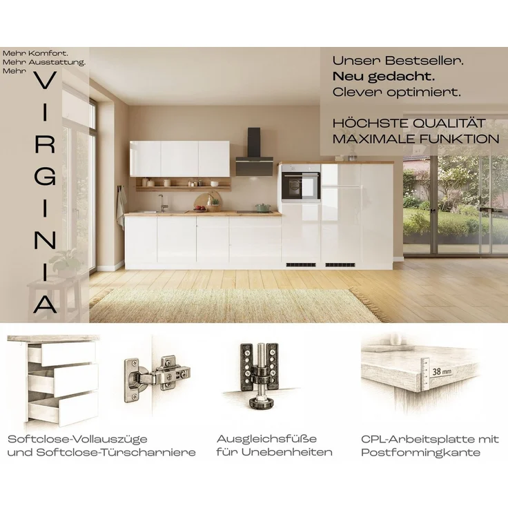 KOCHSTATION Küchenzeile KS-Virginia,neu in verbesserter Ausführung, Breite 220 cm, Soft-Close, wahlweise mit E-Geräten – Bild 3
