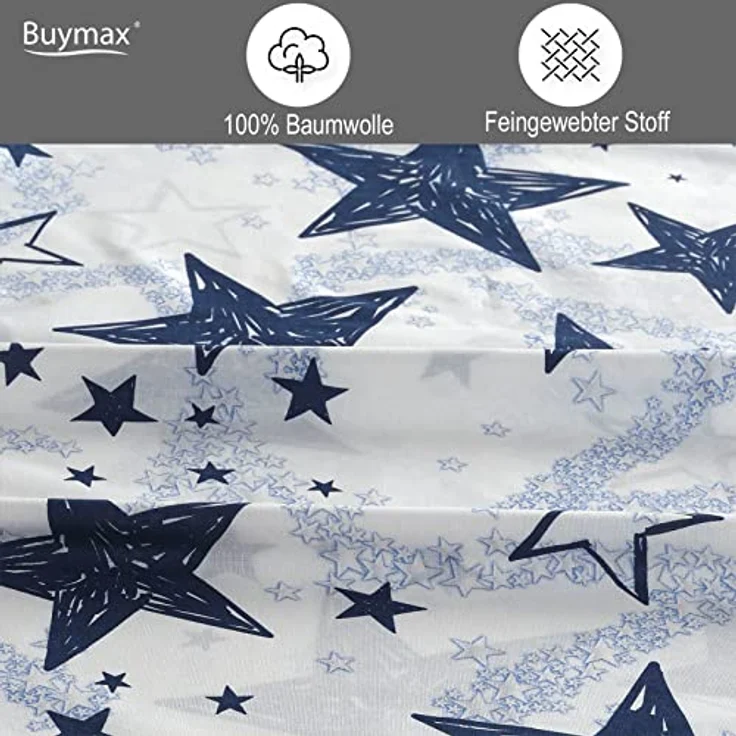 Buymax Bettwäsche, Renforcé: 100% Baumwolle, 3 teilig, Bettbezug-Set, 200x200 cm, mit Reißverschluss Sterne Stars Weiß Blau – Bild 4