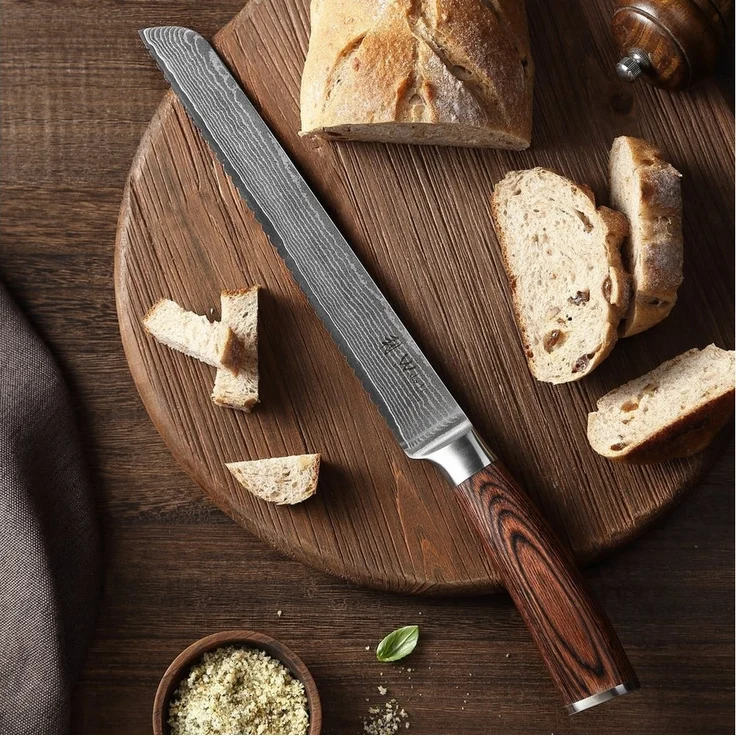Wakoli Brotmesser EDIB Damastmesser I Küchenmesser Kochmesser I 23cm Wellenschliffklinge, VG10 Kern, 67 Lagen Damaststahl, Pakkaholzgriff, inkl. Geschenkbox – Bild 2