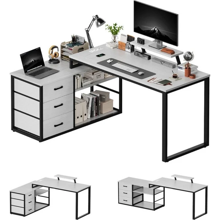 Furnicopia Eckschreibtisch 140cm mit Monitorarm, Computertisch mit drehbarer Tischplatte (Flexibel und schwenkbar, mit Steckdosen (2 Steckdosen + 2 USB-Anschlüsse), 3 großen Schubladen, 2 Ablageflächen) – Bild 5