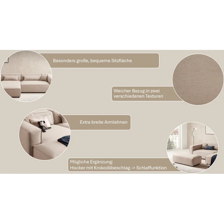 LeGer Home by Lena Gercke Ecksofa PIARA XXL, L-Form, Schlaffunktion, Cord, Leinenoptik o. Strukturstoff, Hocker stellbar zum Schlafsofa (Krokodilverbinder), tiefe Sitzfläche – Bild 3
