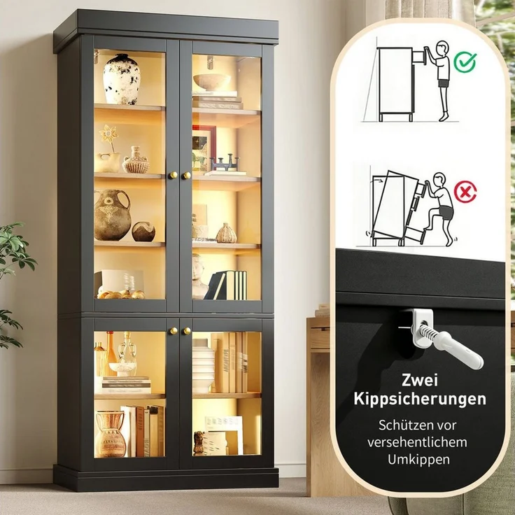 Odikalo Vitrine Vitrineschrank Glasvitrine mit LED (durchdachter Innenaufteilung und Kippschutz, stabil, sicher und vielseitig für Zuhause) – Bild 4
