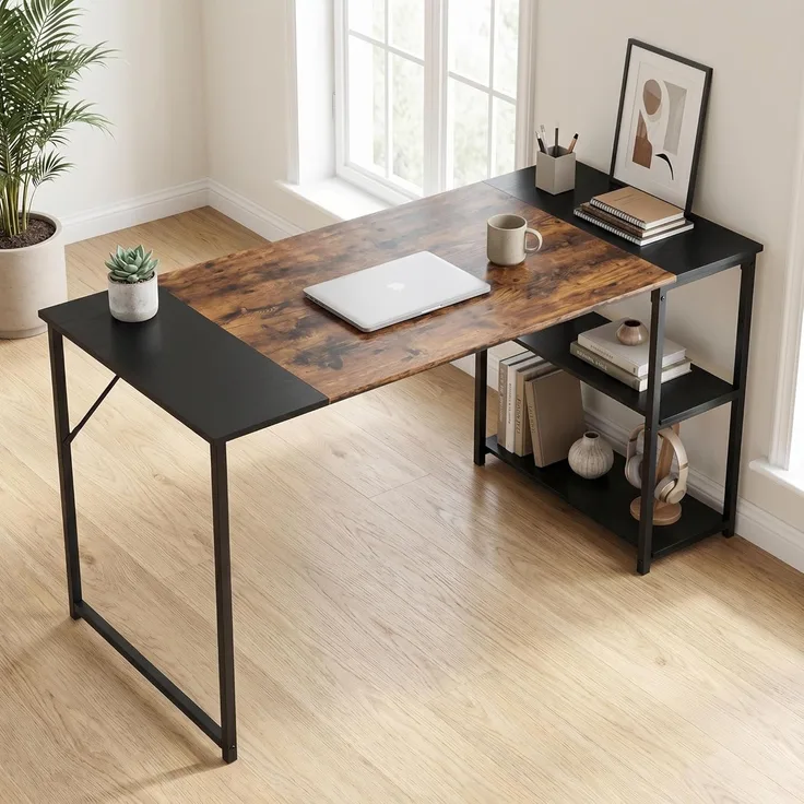 FurnitureR Schreibtisch mit Regal, 140×60×74 cm Arbeitstisch mit 2 Ablagen, Industrieller Computertisch aus Holz und Metall für Home Office, Wohnzimmer oder Arbeitszimmer, Schwarz-Braun+Schwarze Regal