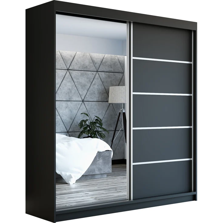 A&J MöbelLand 'GAP' Schwebetürenschrank mit Spiegel, 215 x 59,5 x 160 cm, Schwarz – Bild 1