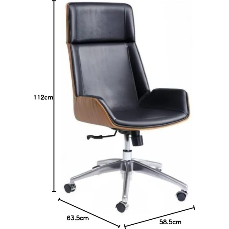 Kare Design Bürostuhl Rouven, Schwarz, Drehstuhl, Polsterstuhl, Stahl Gestell, Holz Rückenlehne, 360 Grad drehbar, höhenverstellbar, rollbar, mit Kippfunktion, 112x59x64 cm (H/B/T) – Bild 3