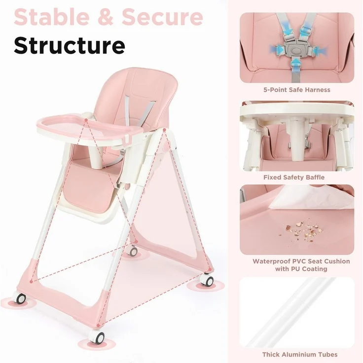 oyajia Kinderstuhl Stuhl Baby Kinderstuhl Klappbar kinderstuhl Mitwachsend Stuhl (Verstellbare Kinderstuhl wächst mit Ihrem Kind von 6 Monaten bis 3 Jahren), Babystuhl mit Tablett und 5-Punkt-Gurt, Einfach zu Reinigen – Bild 3