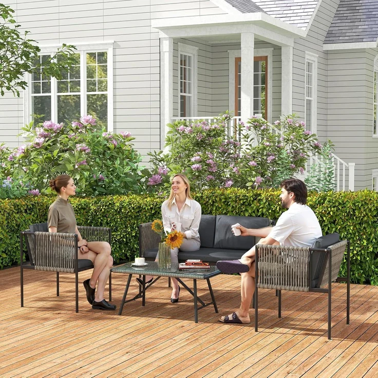 Outsunny Sitzgruppe mit 2er Sofa, Sessel, Glastisch, Kissen, (Gartenmöbel-Set aus Polyrattan, 4-tlg, wetterfest Lounge-Set), für 4 Personen, für Garten, Balkon, Grau – Bild 9