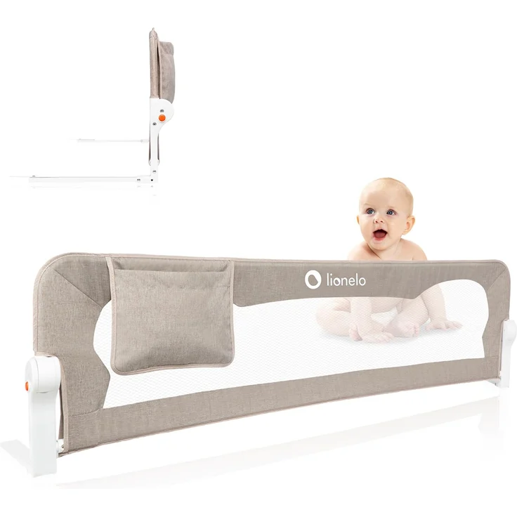lionelo Eva-Bettgitterschutz, 150x42 cm, faltbar, 180° mit Neigungsverstellung, Netzgewebe, Sicherheitsgurte, Sicherheitsbarriere für Kleinkinderbett mit Sicherheitsschloss, Aufbewahrungstasche,