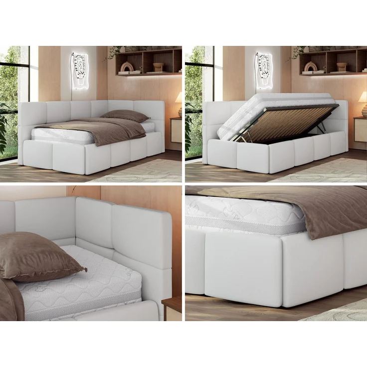 Jugendbett 90x200 ARVO Polsterbett mit Bettkasten, Stauraum & Gasdruckfeder, Modernes Design mit Kopfteil, Pocket Matratze - Weiß Kunstleder - VIRE LUX - Rechts Seite – Bild 2