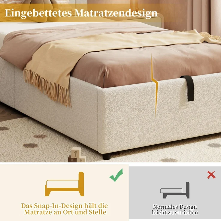 Kinderbett mit Stauraum und Kopfteil, 90x200 cm, Polsterbett mit Lattenrost, Einzelbett, Boucle – Bild 5