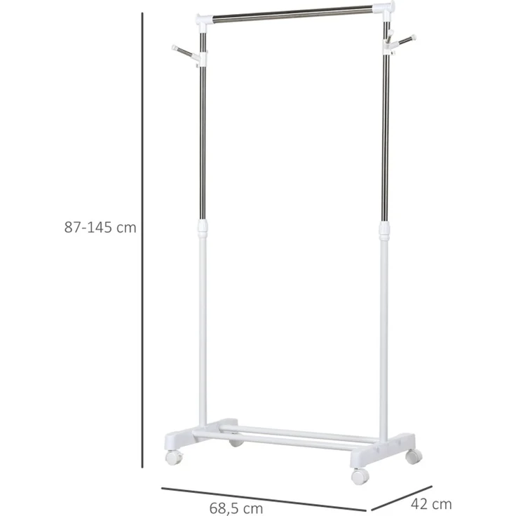 Garderobenständer aus Edelstahl, höhenverstellbar mit Ablage & Rollen, 68,5x42x87-145 cm, Weiß – Bild 4