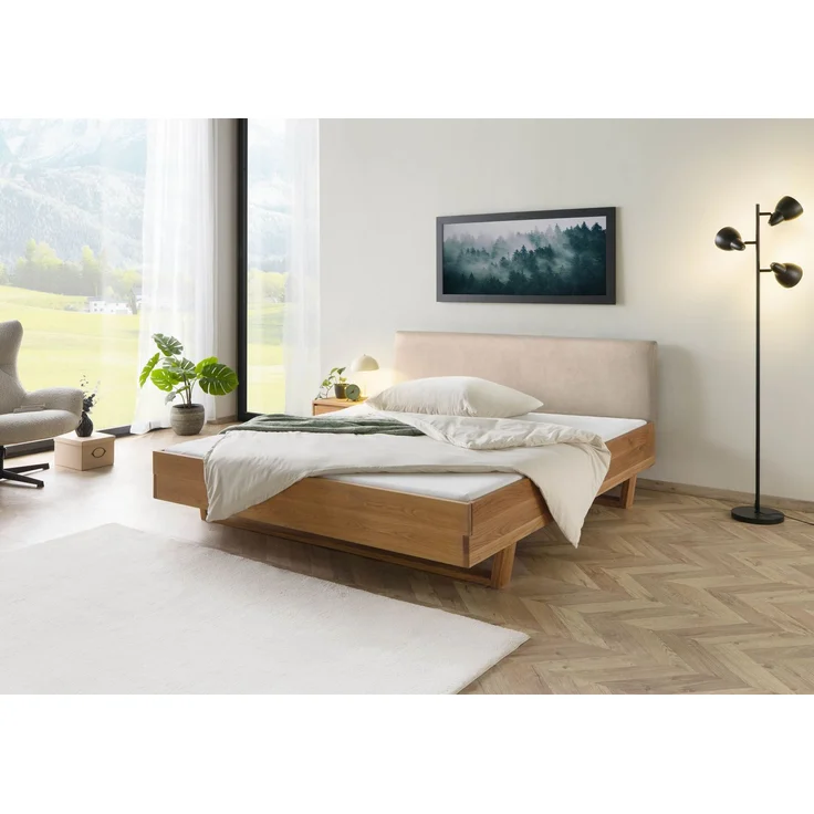Bett mit Nachttisch links Eiche 160x200x85 natur geölt, Kopfteil beige FICHTELBERG #150 – Bild 3